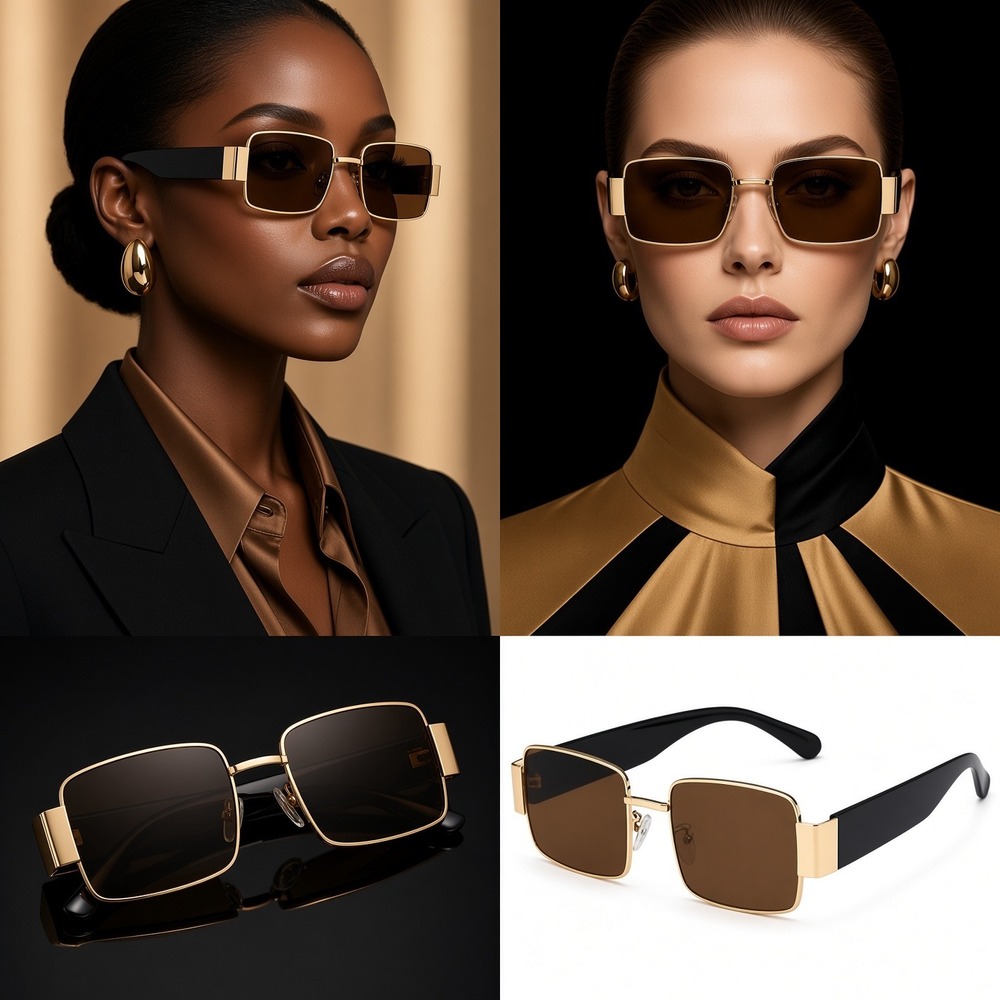 Square Sunglasses Women Gold Brown Retro UV400 Wide Temple Luxury Classic Shape